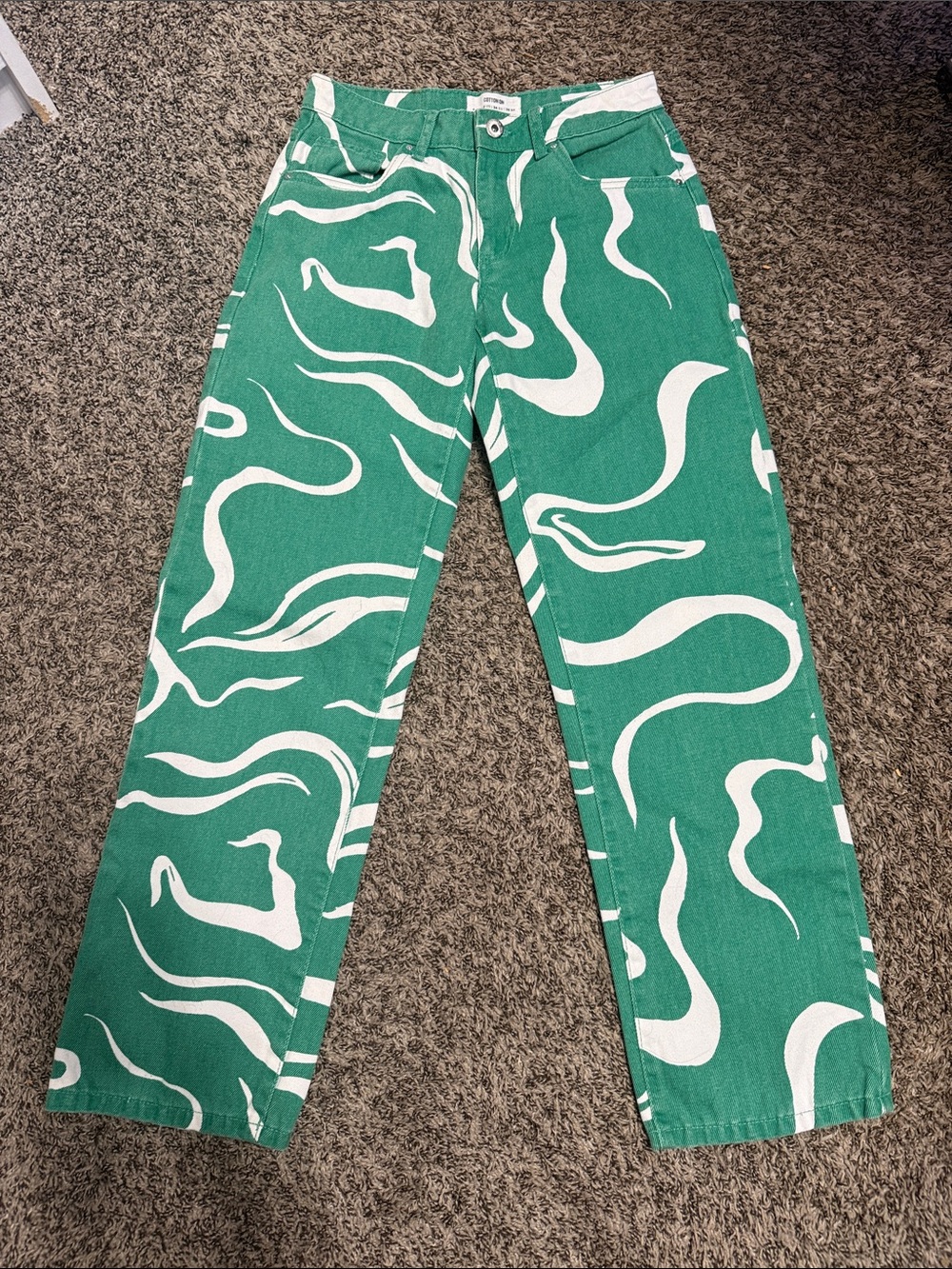 Cotton On Green & White Abstract Straight Jeans